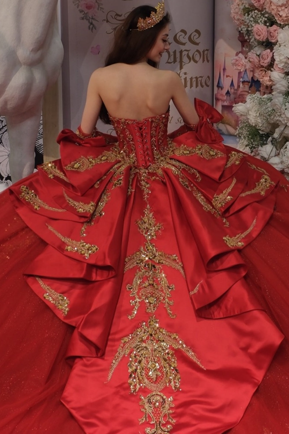 V Neck Detachable Half Sleeves Beaded Sequins Appliques Ruffles Tiered Red Quinceañera Dress YQ1110