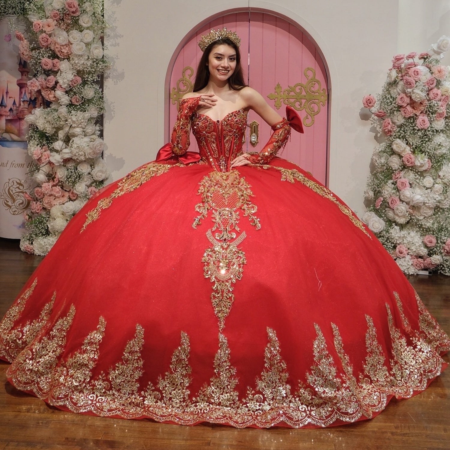 V Neck Detachable Half Sleeves Beaded Sequins Appliques Ruffles Tiered Red Quinceañera Dress YQ1110