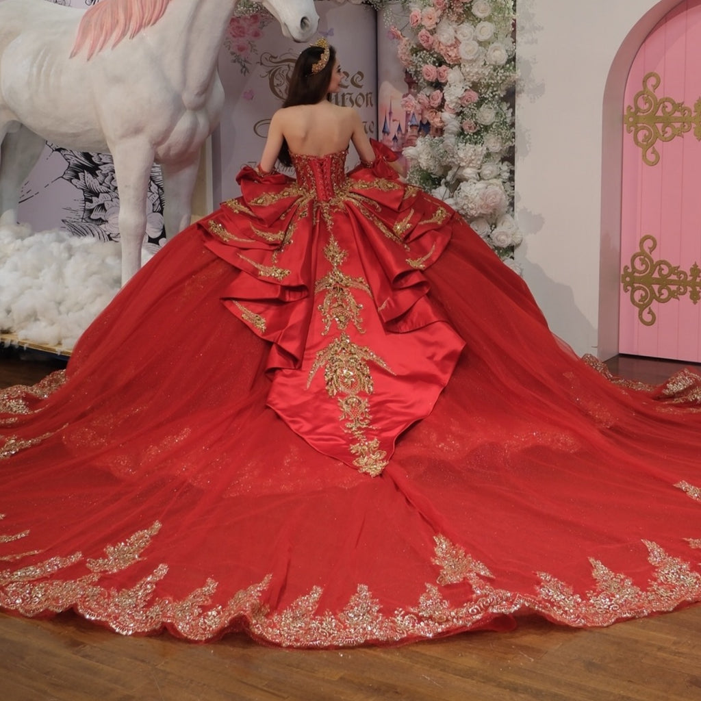 V Neck Detachable Half Sleeves Beaded Sequins Appliques Ruffles Tiered Red Quinceañera Dress YQ1110