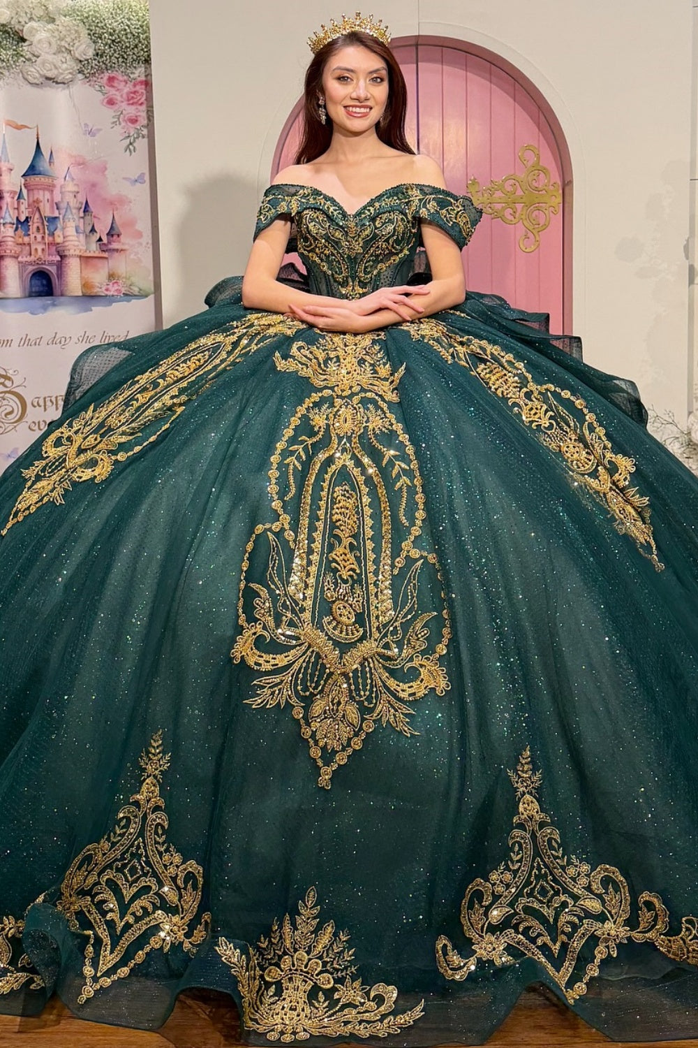 Off Shoulder Sleeveless Beaded Appliques Ruffles Dark Green Quinceañera Dress YQ1111