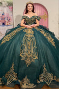 Off Shoulder Sleeveless Beaded Appliques Ruffles Dark Green Quinceañera Dress YQ1111