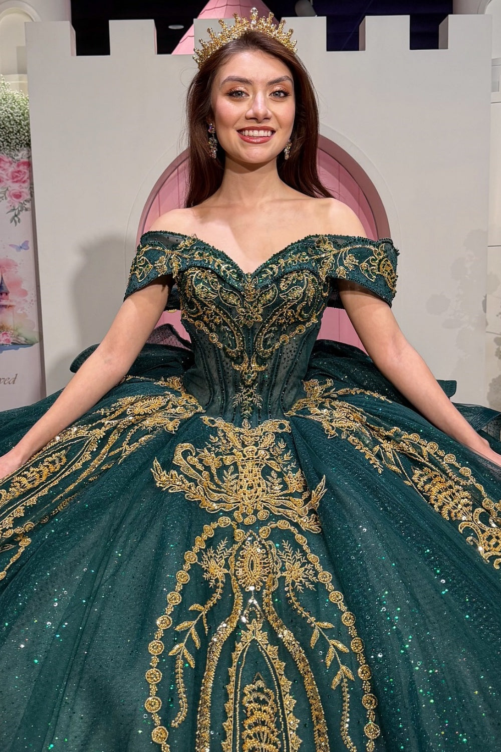 Off Shoulder Sleeveless Beaded Appliques Ruffles Dark Green Quinceañera Dress YQ1111