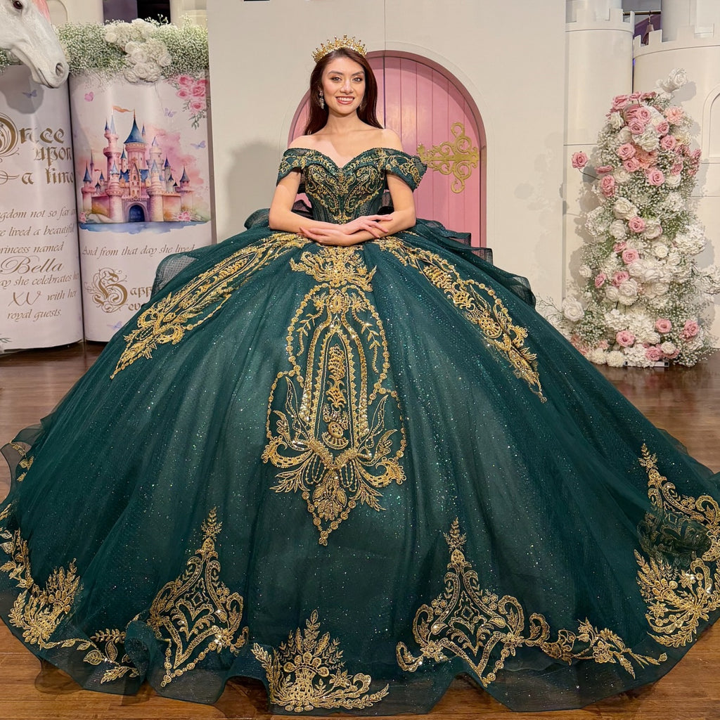 Off Shoulder Sleeveless Beaded Appliques Ruffles Dark Green Quinceañera Dress YQ1111