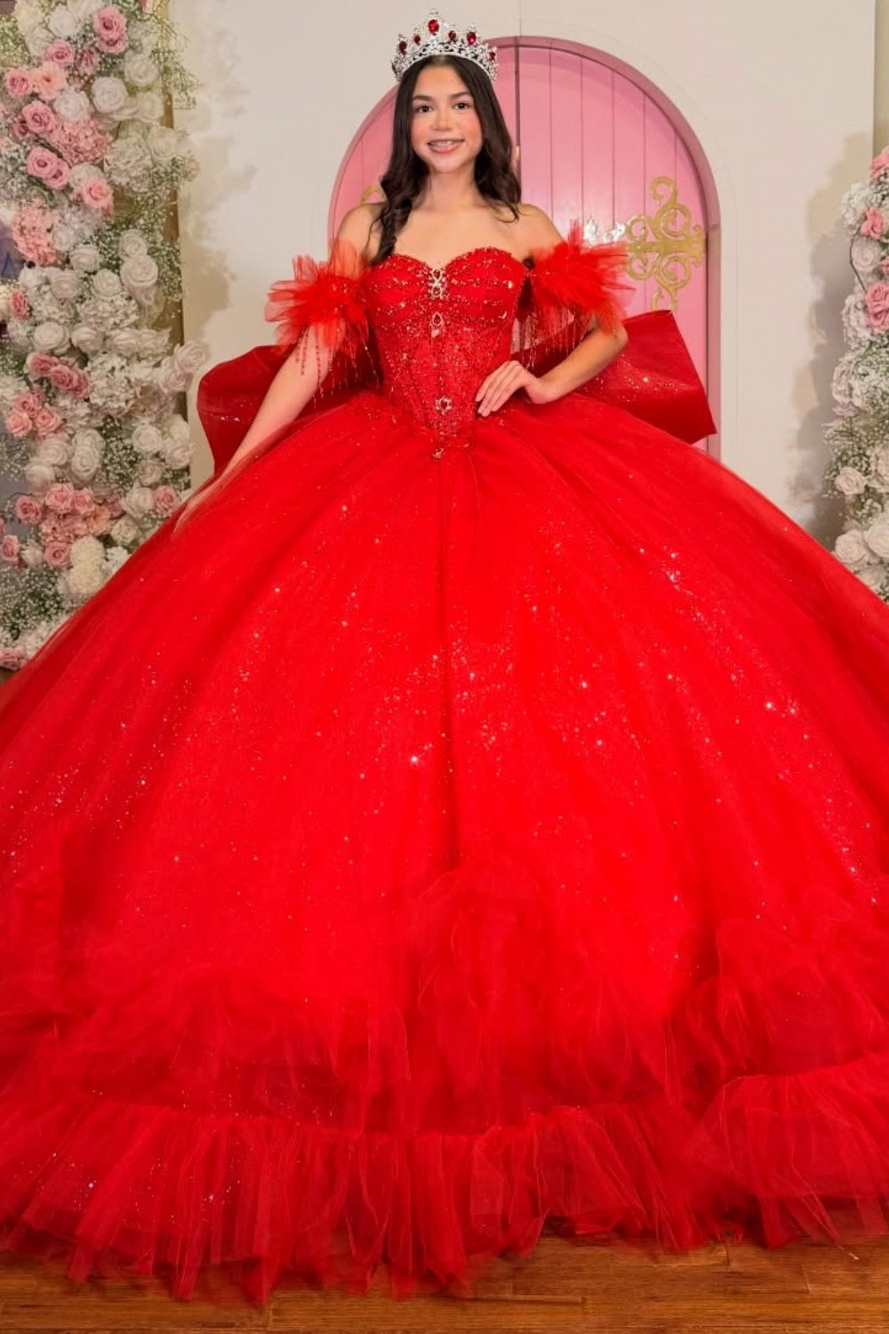 Off Shoulder Sleeveless Beaded Ruffles Bow Knot Red Quinceañera Dress YQ1112