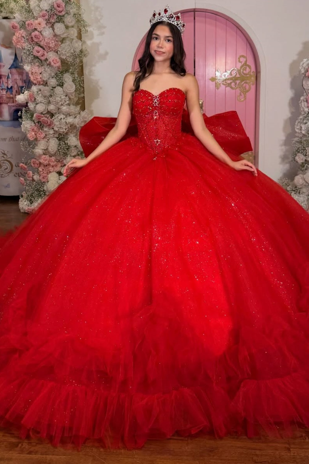 Off Shoulder Sleeveless Beaded Ruffles Bow Knot Red Quinceañera Dress YQ1112