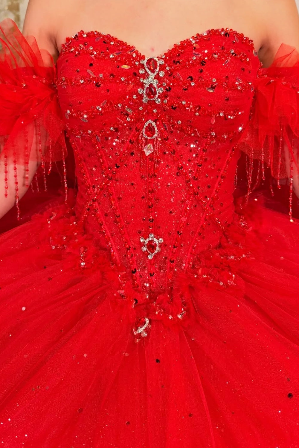Off Shoulder Sleeveless Beaded Ruffles Bow Knot Red Quinceañera Dress YQ1112