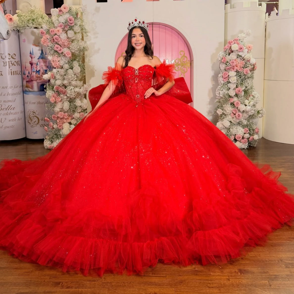 Off Shoulder Sleeveless Beaded Ruffles Bow Knot Red Quinceañera Dress YQ1112