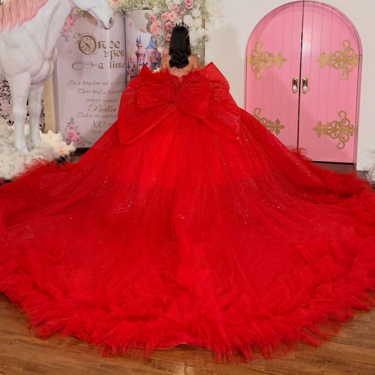 Off Shoulder Sleeveless Beaded Ruffles Bow Knot Red Quinceañera Dress YQ1112