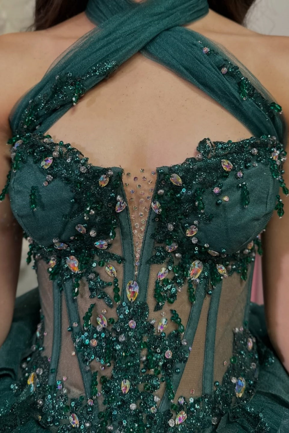 Halter Sleeveless Beaded Appliques Ruffles Tiered Dark Green Quinceañera Dress YQ1113