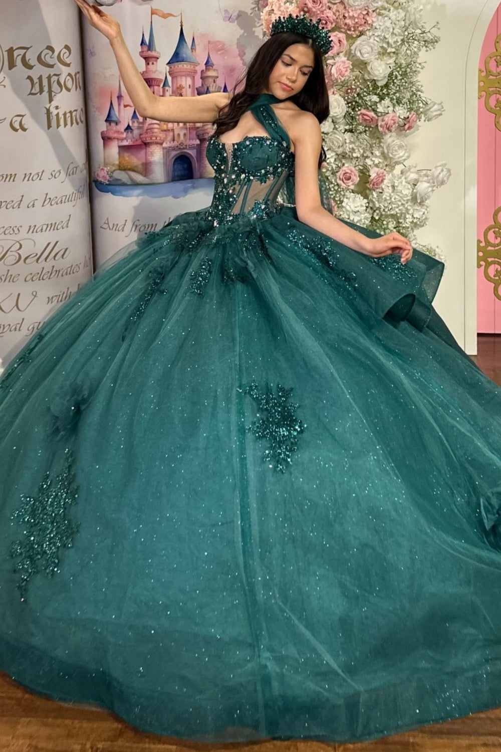 Halter Sleeveless Beaded Appliques Ruffles Tiered Dark Green Quinceañera Dress YQ1113