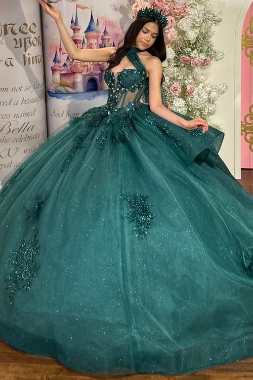 Halter Sleeveless Beaded Appliques Ruffles Tiered Dark Green Quinceañera Dress YQ1113