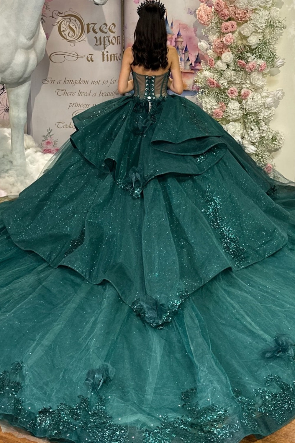 Halter Sleeveless Beaded Appliques Ruffles Tiered Dark Green Quinceañera Dress YQ1113