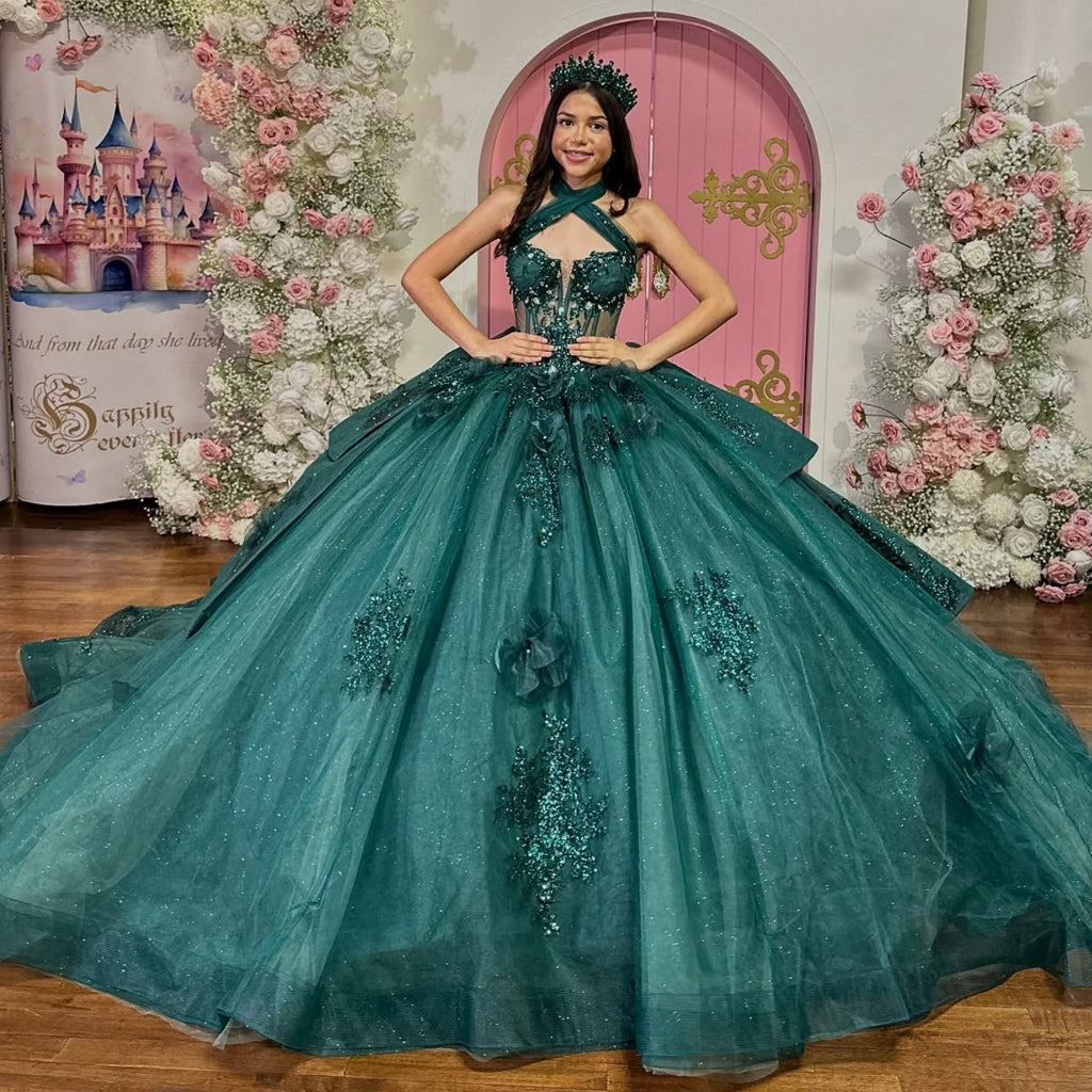 Halter Sleeveless Beaded Appliques Ruffles Tiered Dark Green Quinceañera Dress YQ1113