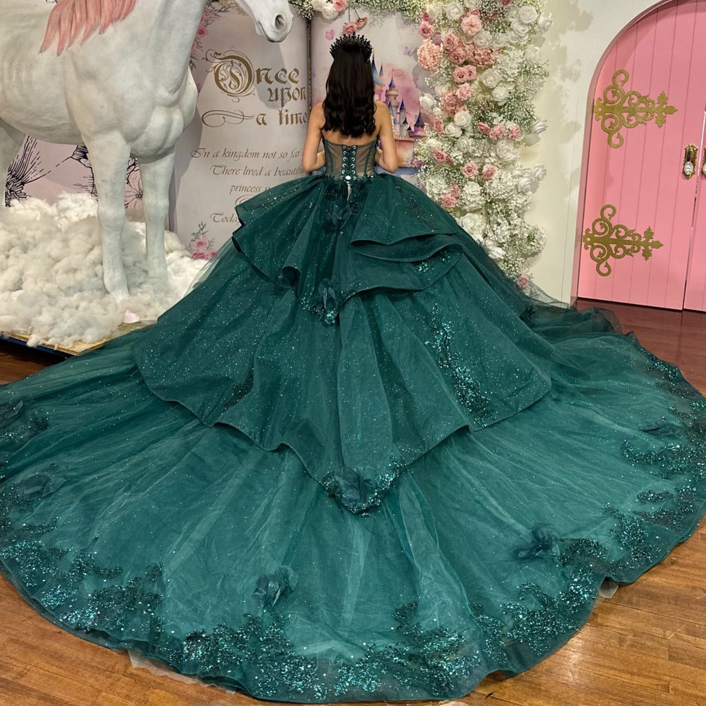 Halter Sleeveless Beaded Appliques Ruffles Tiered Dark Green Quinceañera Dress YQ1113
