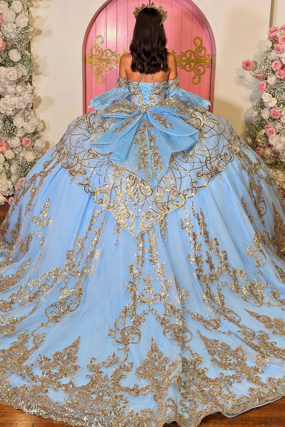 V Neck Detachable Sleeve Sequins Appliques Bow Knot Baby Blue Quinceañera Dress YQ1114