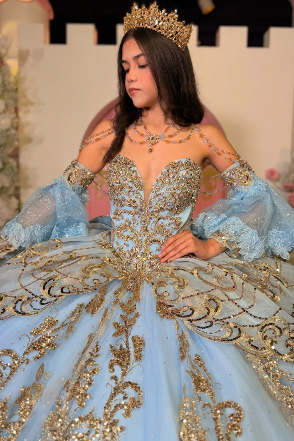 V Neck Detachable Sleeve Sequins Appliques Bow Knot Baby Blue Quinceañera Dress YQ1114