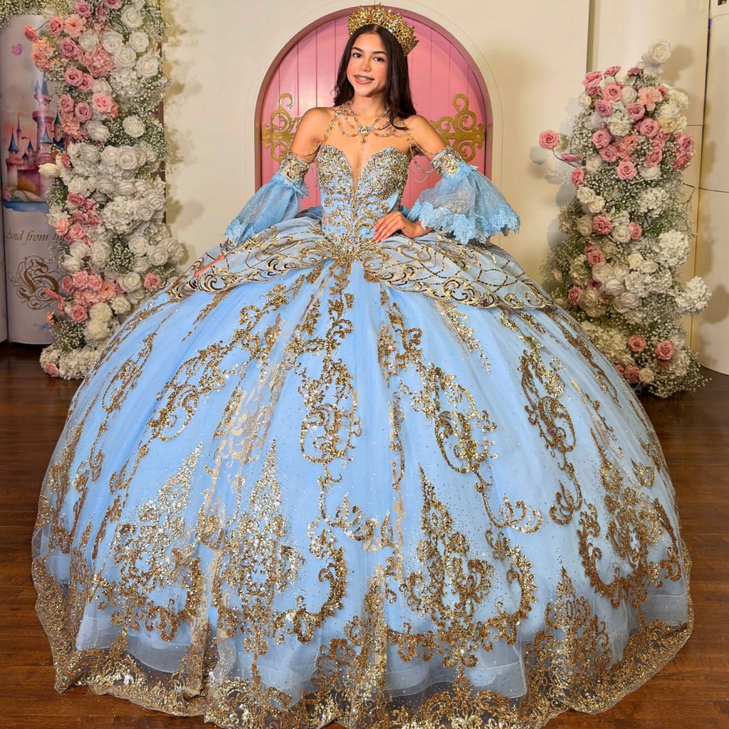 Vestido de Quinceañera Azul Marino con Lentejuelas, Apliques de Cuentas, Brillos y Escote Bardot YQ1055