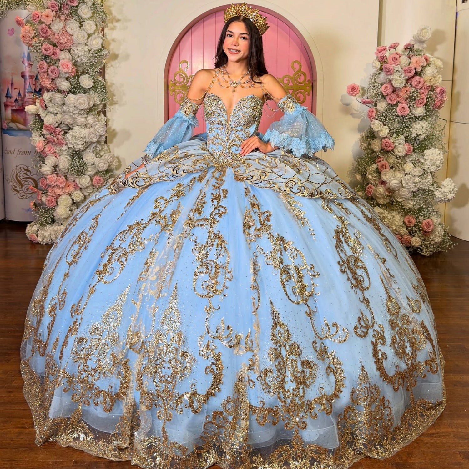 Vestido de Quinceañera Azul Marino con Lentejuelas, Apliques de Cuentas, Brillos y Escote Bardot YQ1055