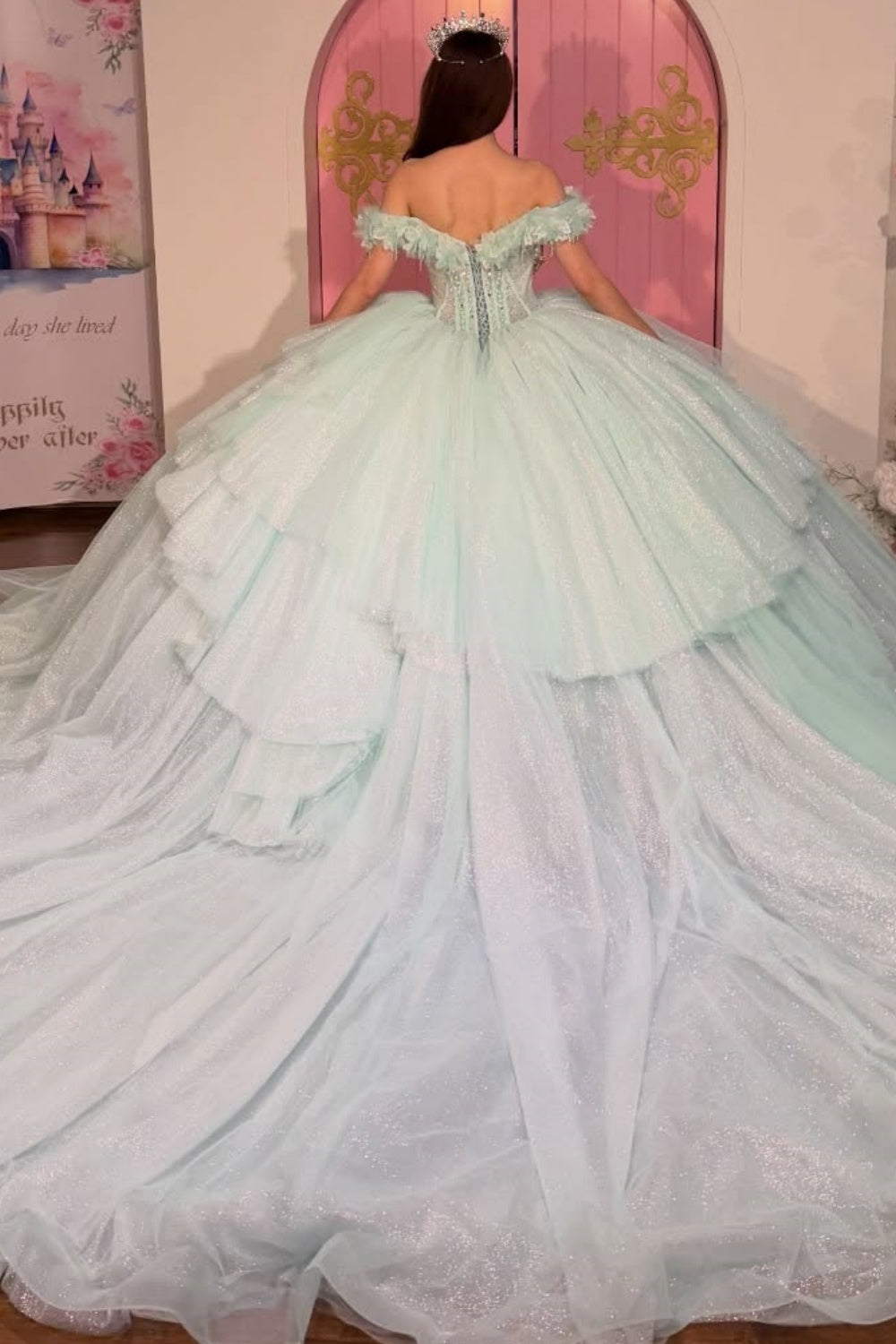 Off Shoulder Sleeveless Beaded Ruffles Tiered Quinceañera Dress YQ1115
