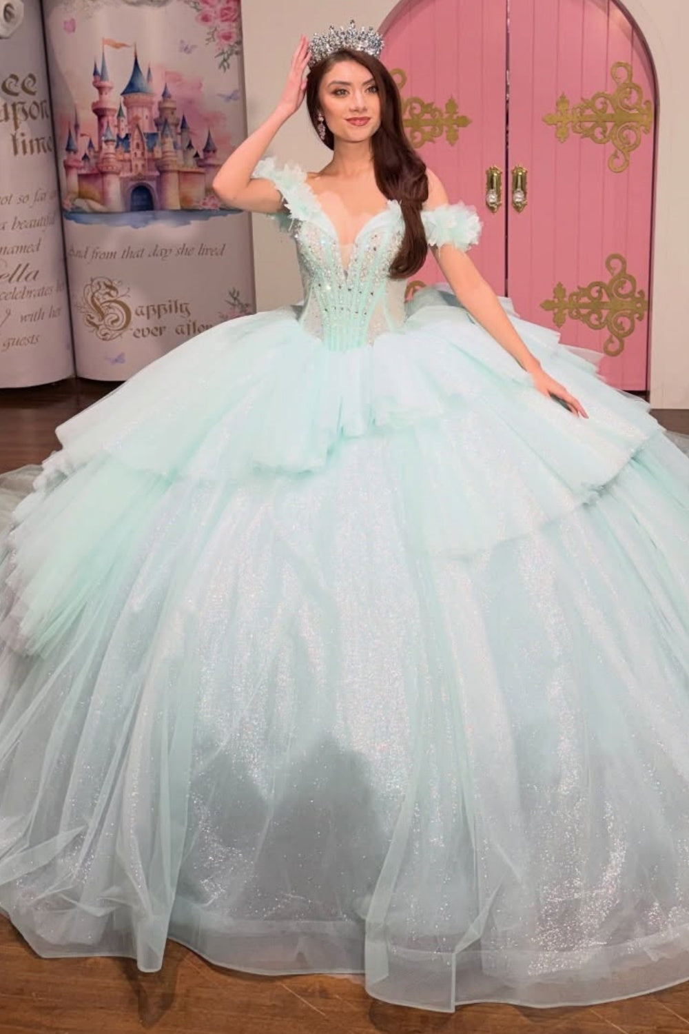 Off Shoulder Sleeveless Beaded Ruffles Tiered Quinceañera Dress YQ1115