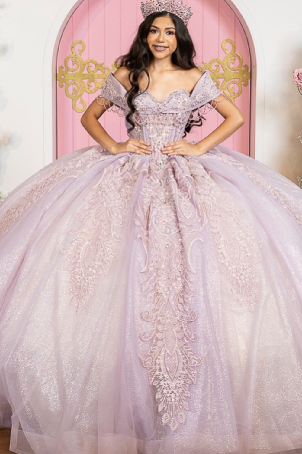 Off Shoulder Sleeveless Beaded Ruffles Appliques Lilac Quinceañera Dress YQ1116