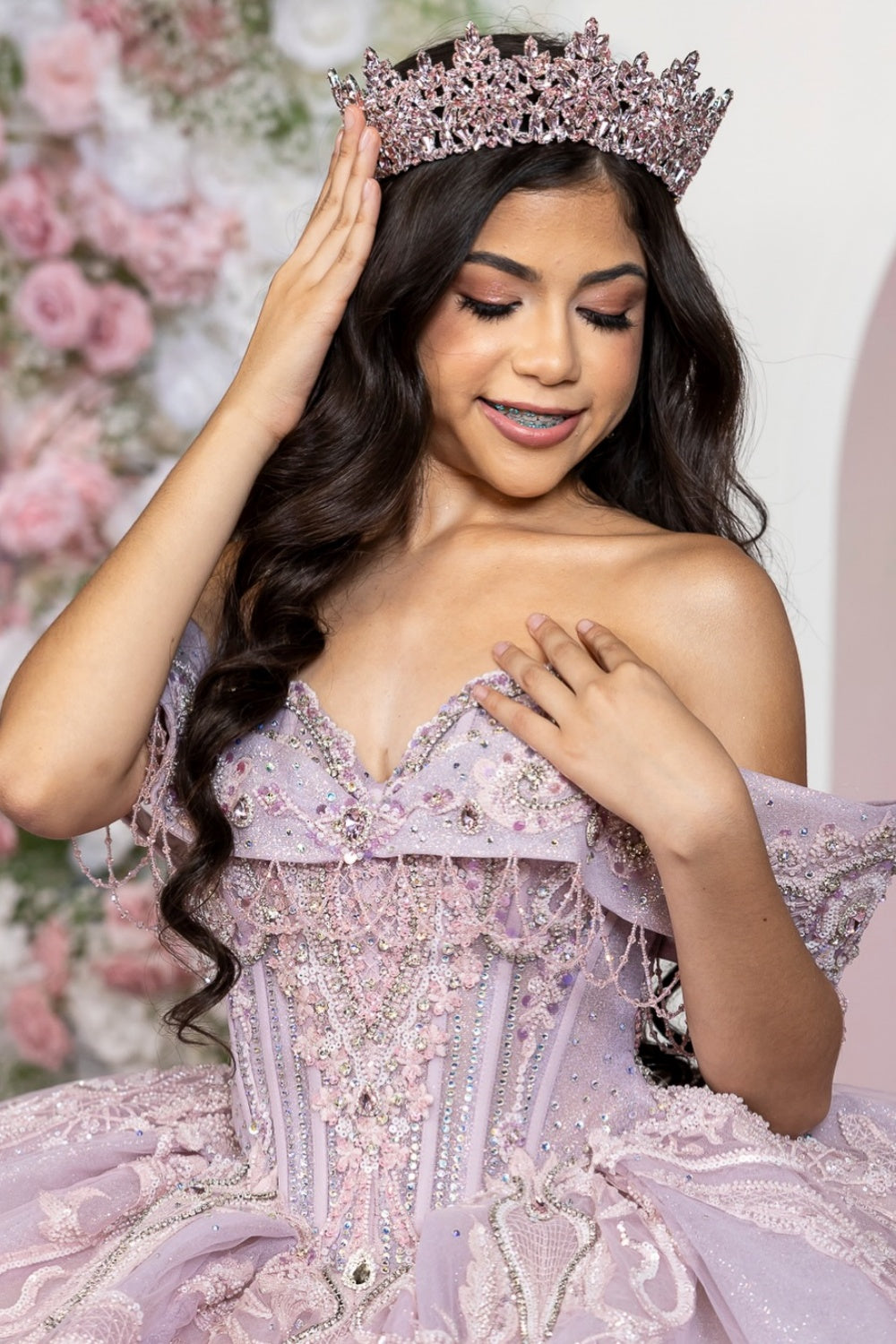 Off Shoulder Sleeveless Beaded Ruffles Appliques Lilac Quinceañera Dress YQ1116