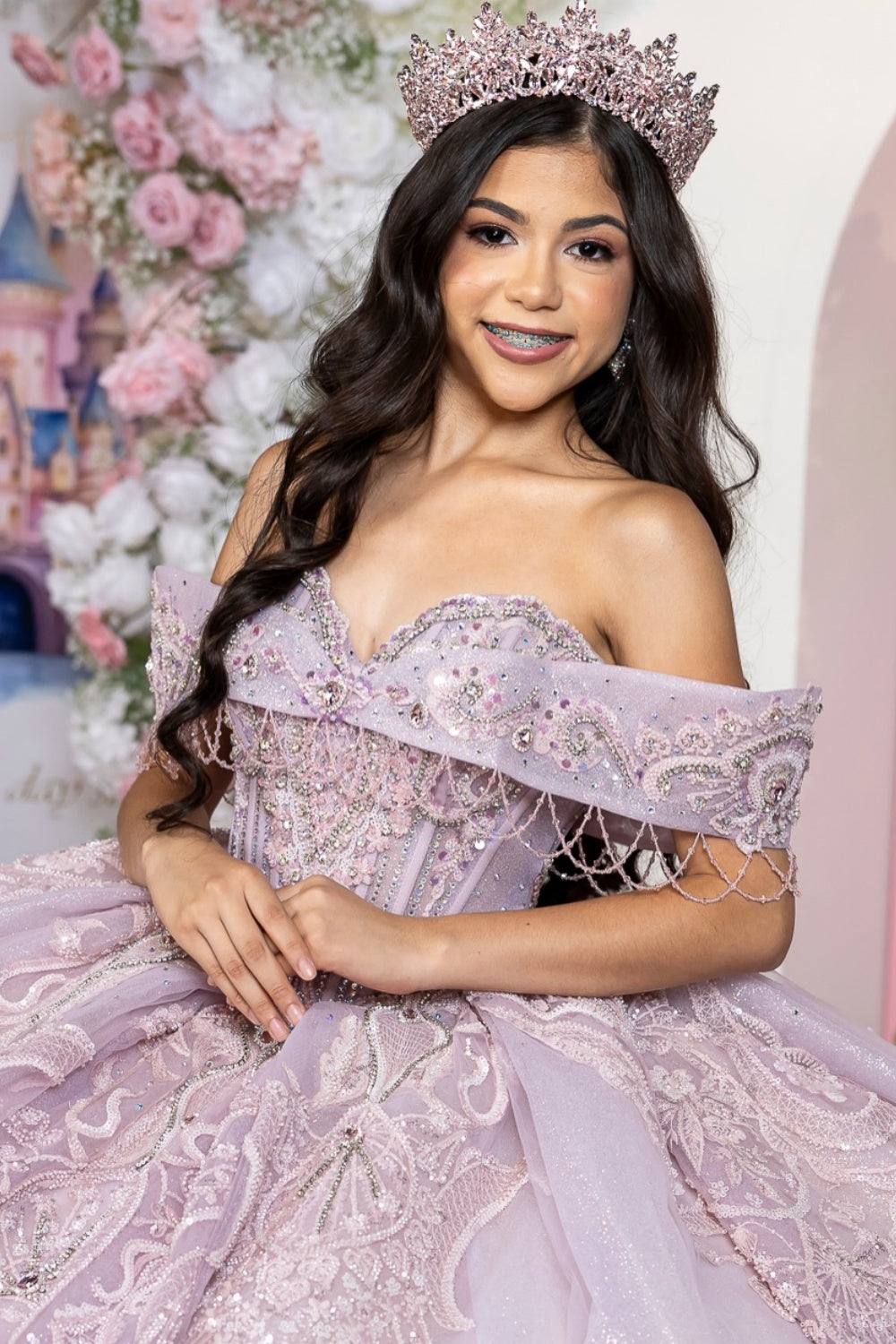 Off Shoulder Sleeveless Beaded Ruffles Appliques Lilac Quinceañera Dress YQ1116