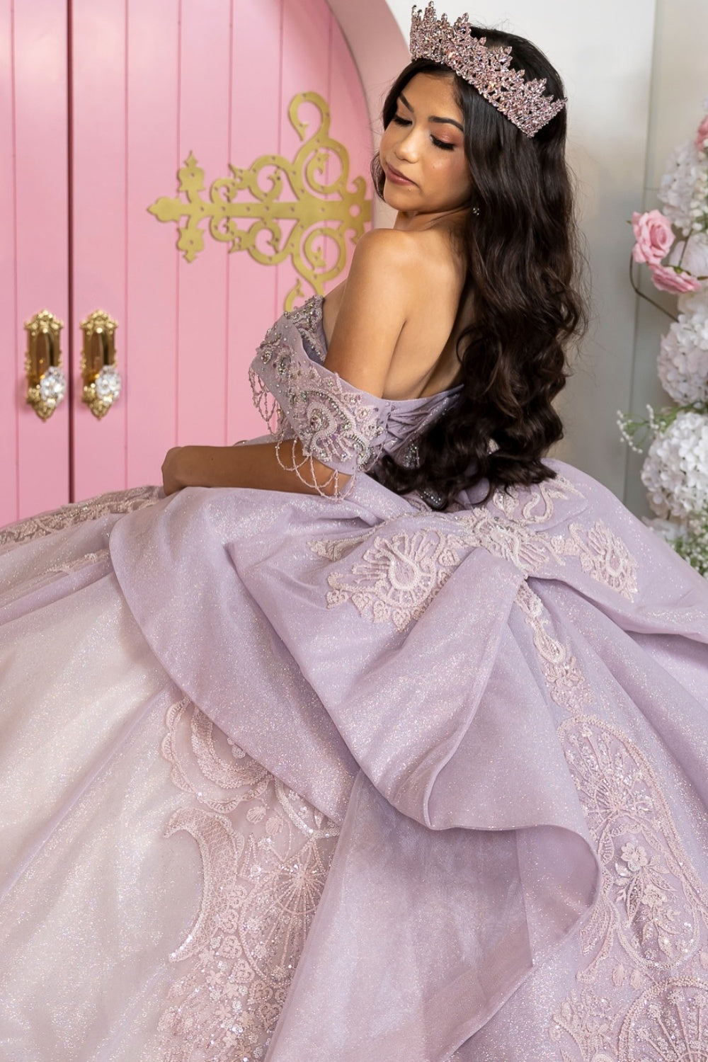 Off Shoulder Sleeveless Beaded Ruffles Appliques Lilac Quinceañera Dress YQ1116