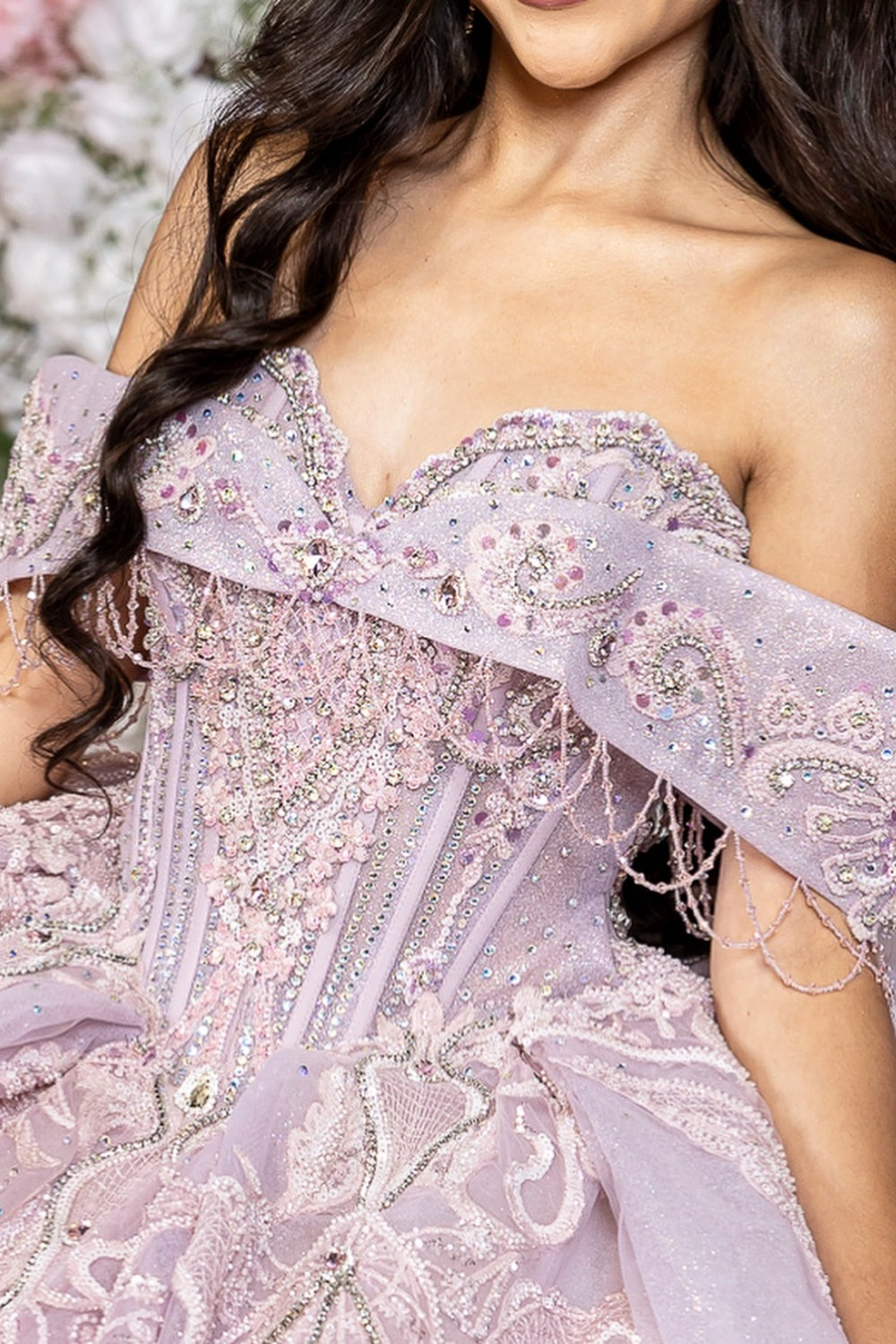 Off Shoulder Sleeveless Beaded Ruffles Appliques Lilac Quinceañera Dress YQ1116