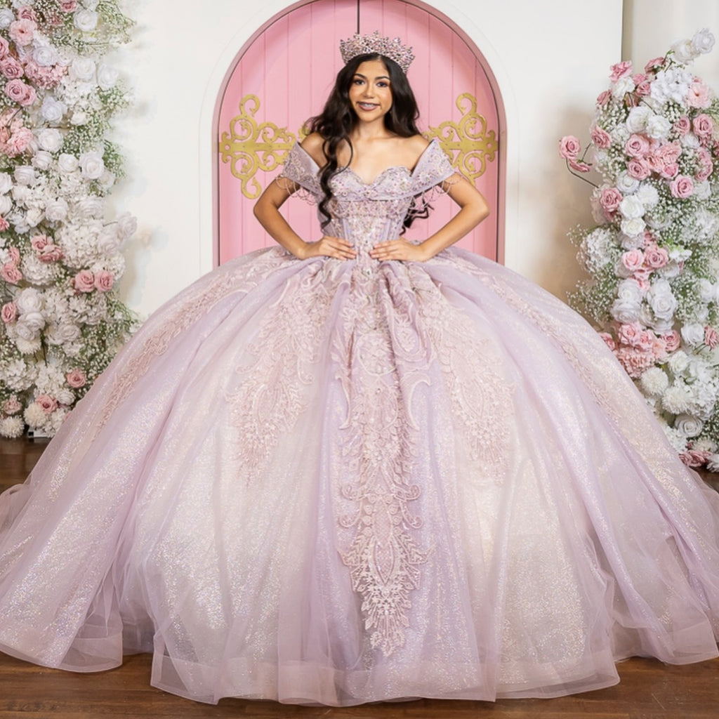 Off Shoulder Sleeveless Beaded Ruffles Appliques Lilac Quinceañera Dress YQ1116