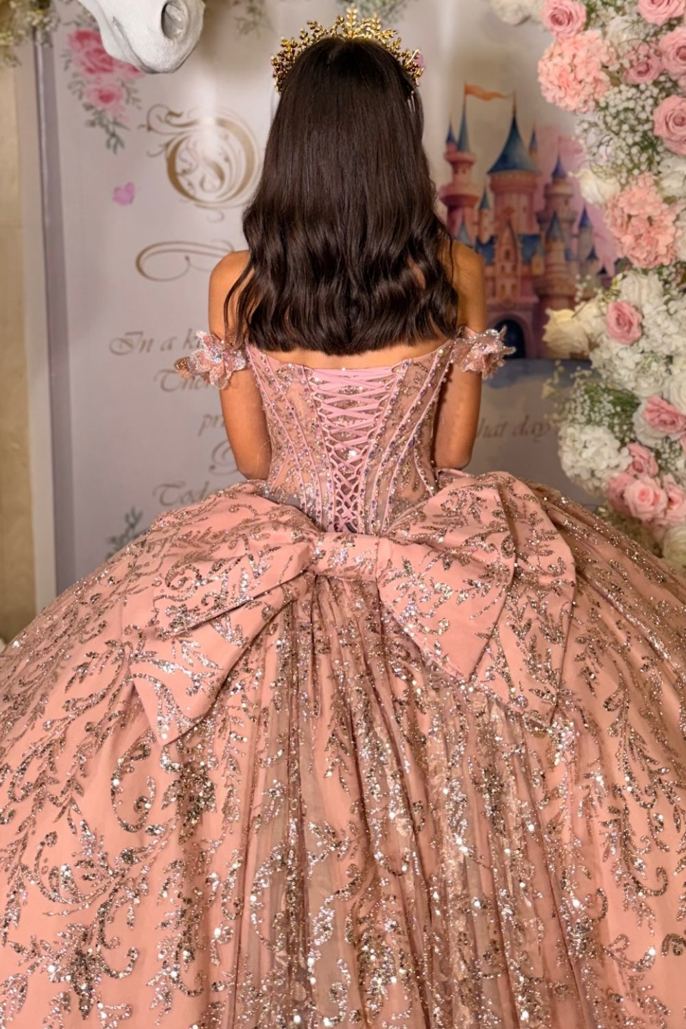 Off Shoulder Sleeveless Beaded Glitter Bow Knot Pink Quinceañera Dress YQ1117