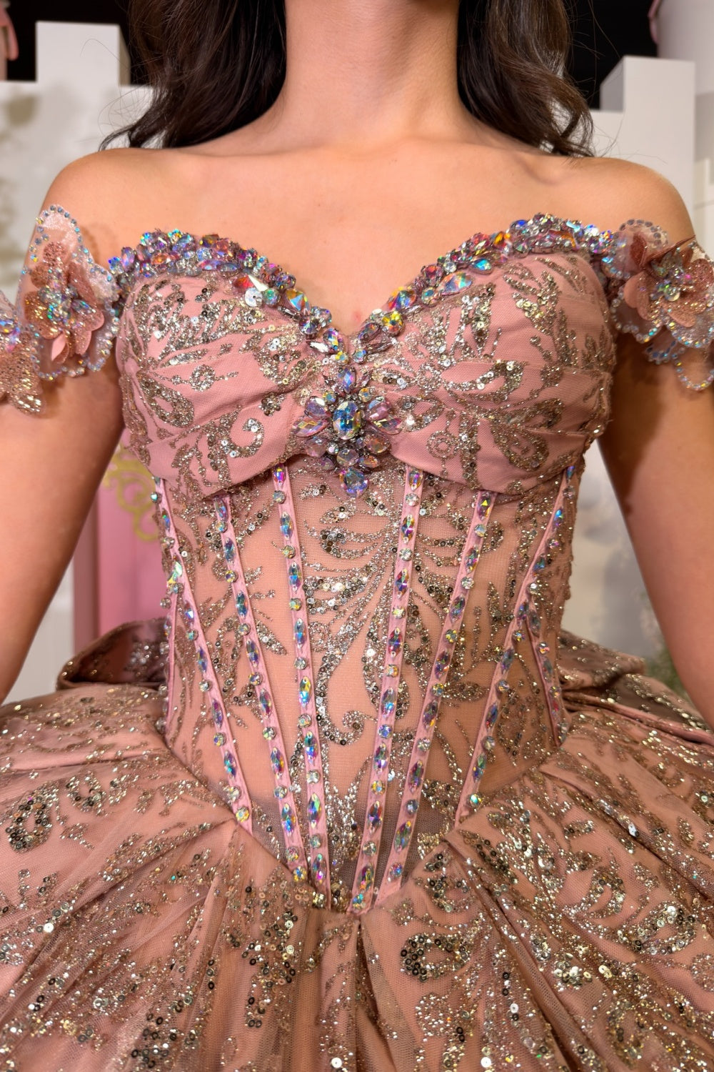 Off Shoulder Sleeveless Beaded Glitter Bow Knot Pink Quinceañera Dress YQ1117