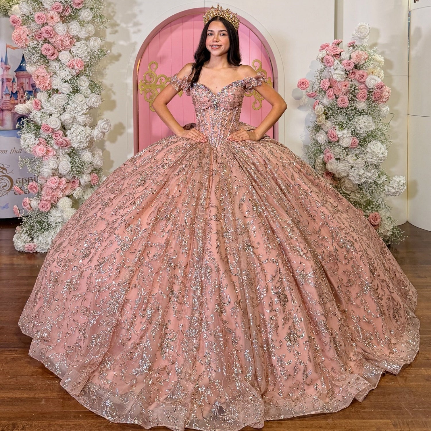 Off Shoulder Sleeveless Beaded Glitter Bow Knot Pink Quinceañera Dress YQ1117