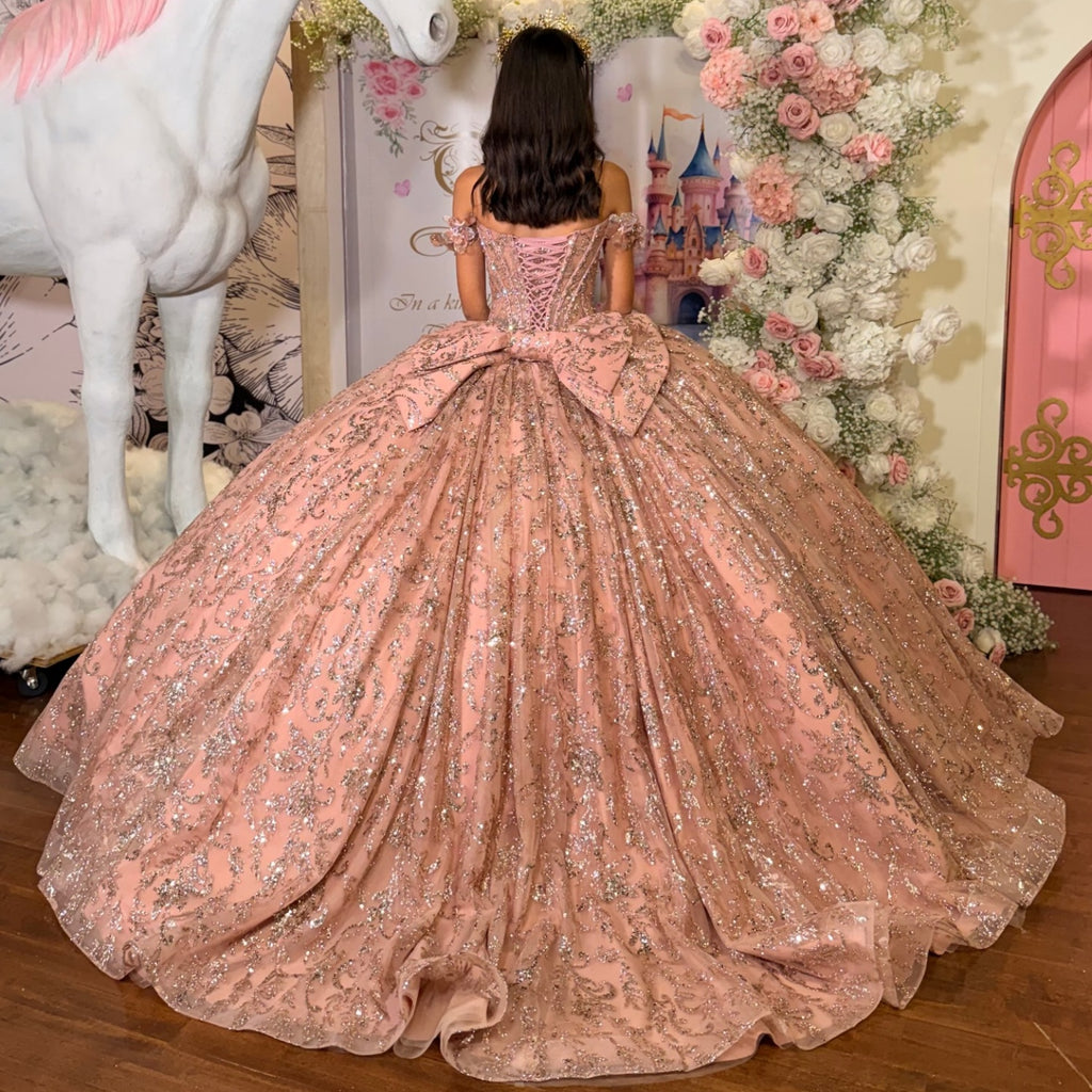 Off Shoulder Sleeveless Beaded Glitter Bow Knot Pink Quinceañera Dress YQ1117