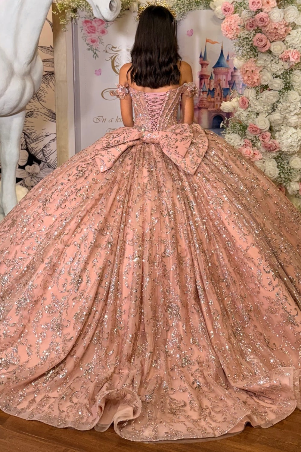 Off Shoulder Sleeveless Beaded Glitter Bow Knot Pink Quinceañera Dress YQ1117