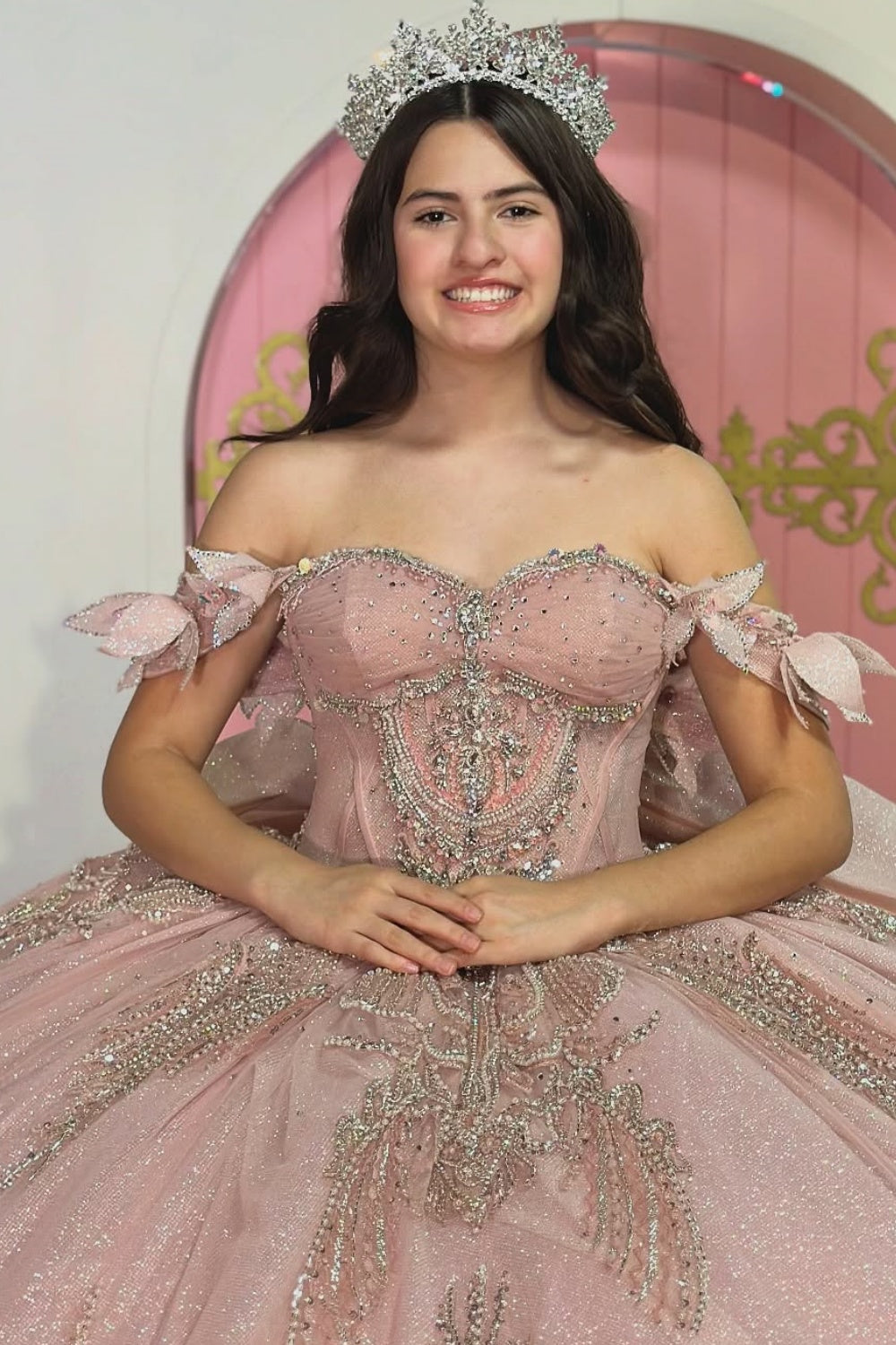 Off Shoulder Sleeveless Beaded 3D Appliques Bow Knot Pink Quinceañera Dress YQ1118