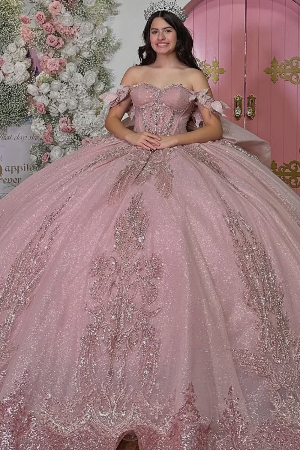 Off Shoulder Sleeveless Beaded 3D Appliques Bow Knot Pink Quinceañera Dress YQ1118