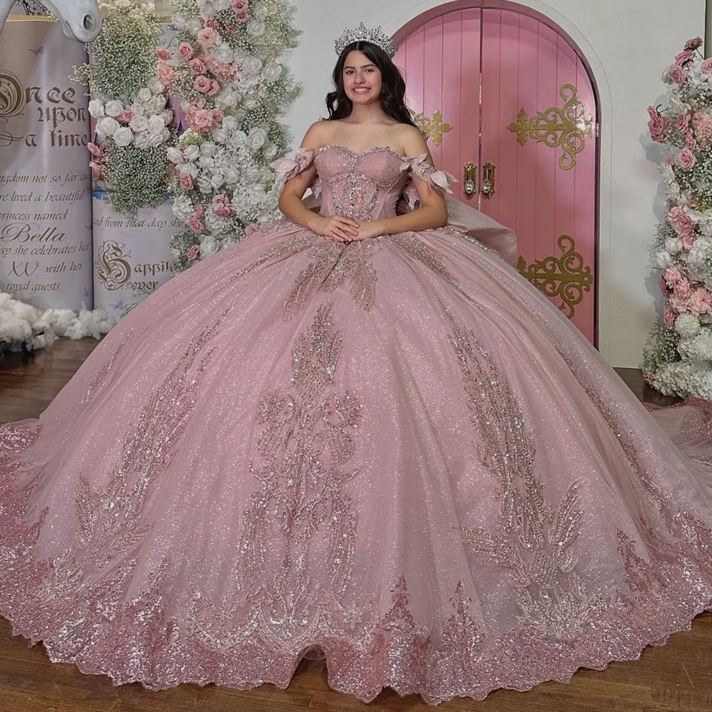 Off Shoulder Sleeveless Beaded 3D Appliques Bow Knot Pink Quinceañera Dress YQ1118
