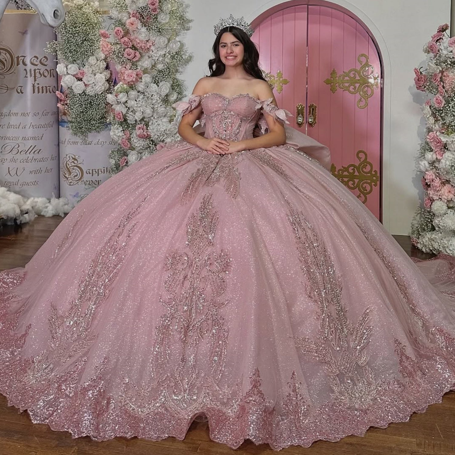 Off Shoulder Sleeveless Beaded 3D Appliques Bow Knot Pink Quinceañera Dress YQ1118