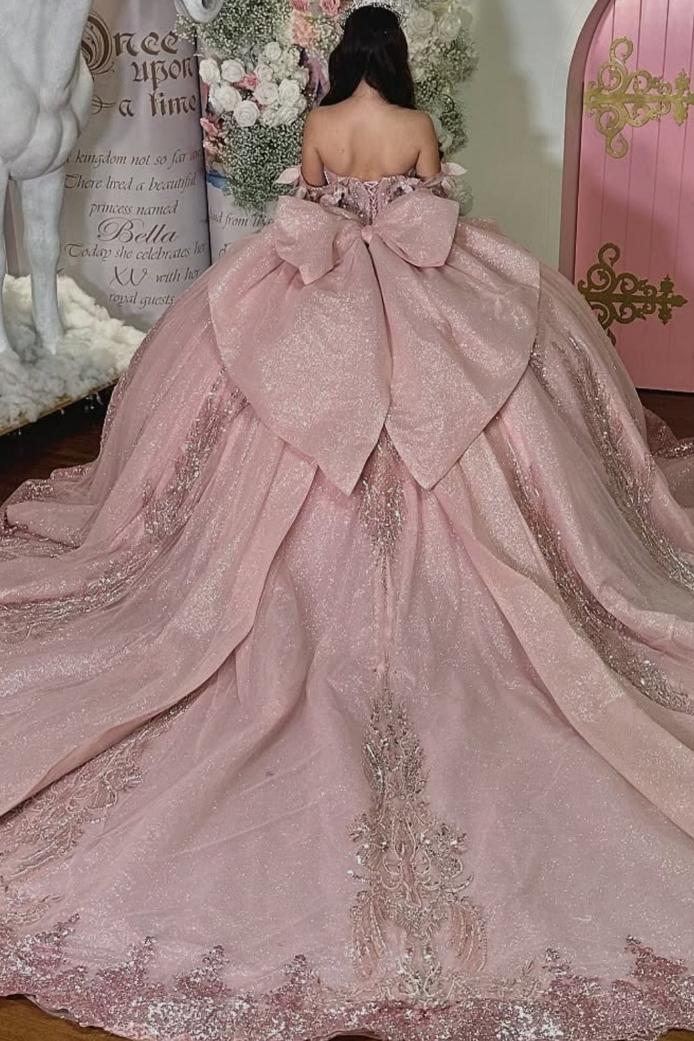 Off Shoulder Sleeveless Beaded 3D Appliques Bow Knot Pink Quinceañera Dress YQ1118