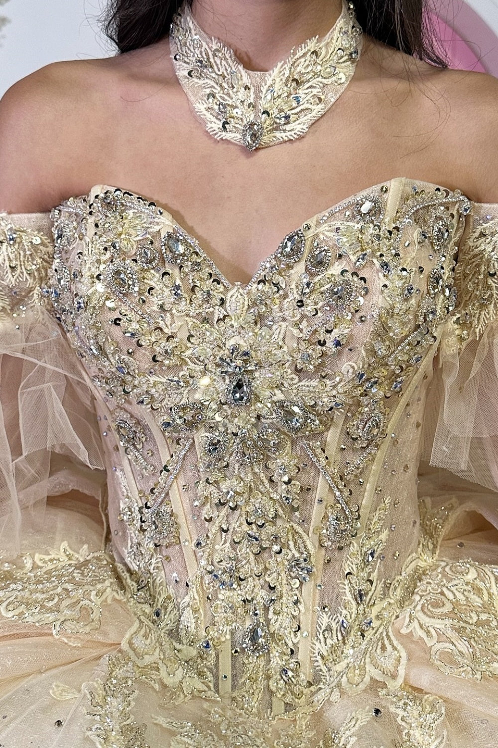 Sweetheart Detachable Sleeves Beaded Appliques Bow Knot Yellow Quinceañera Dress YQ1119
