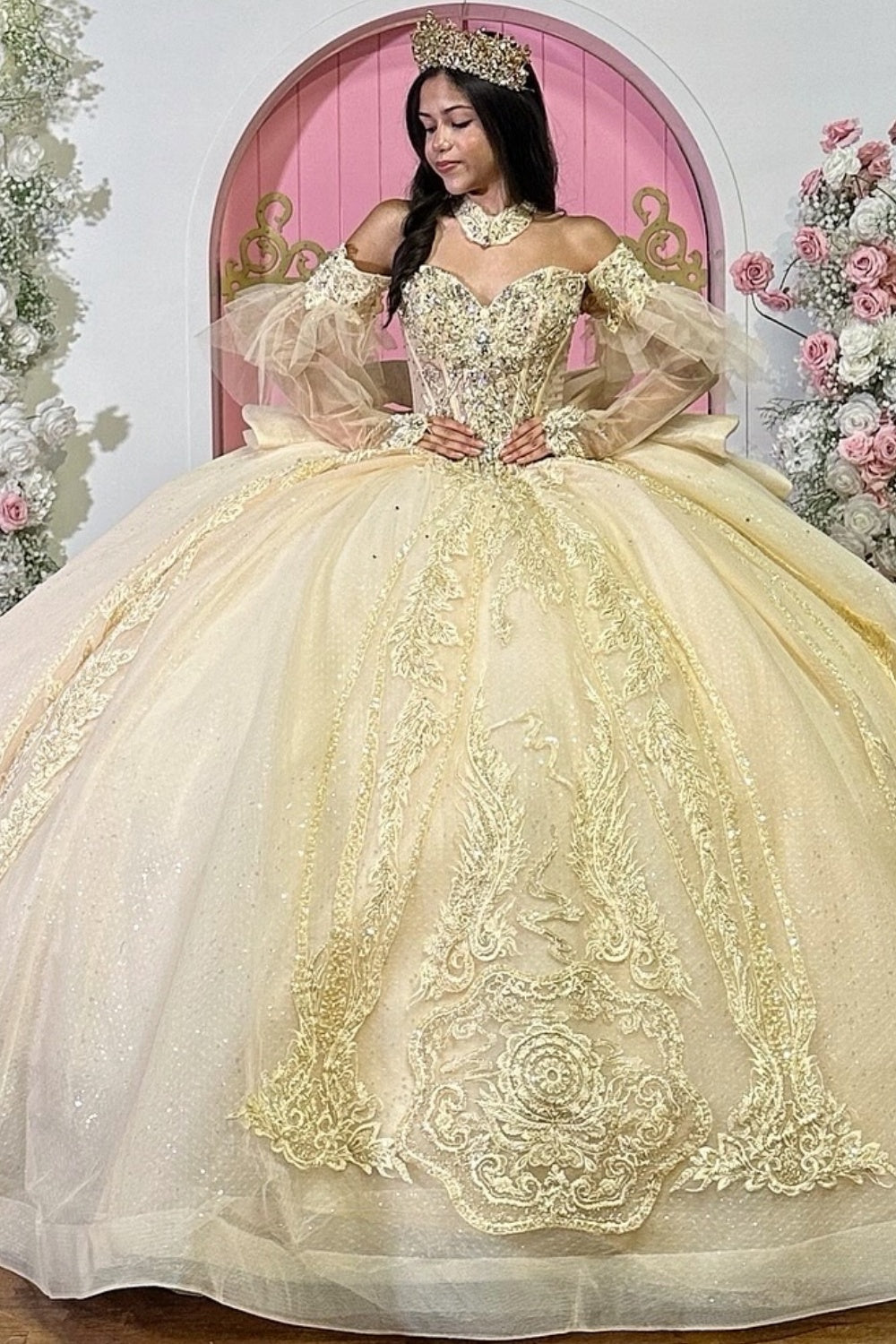 Sweetheart Detachable Sleeves Beaded Appliques Bow Knot Yellow Quinceañera Dress YQ1119