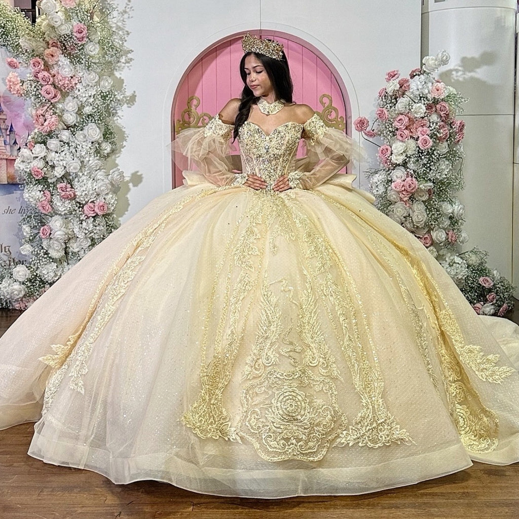 Sweetheart Detachable Sleeves Beaded Appliques Bow Knot Yellow Quinceañera Dress YQ1119