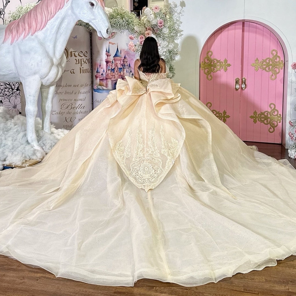 Sweetheart Detachable Sleeves Beaded Appliques Bow Knot Yellow Quinceañera Dress YQ1119