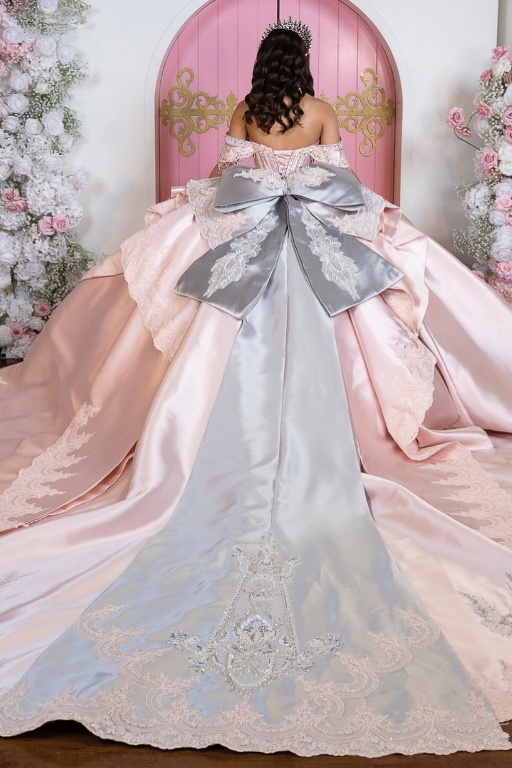 Off Shoulder Sleeveless Beaded Ruffles Bow Knot Pink Satin Quinceañera Dress YQ1120