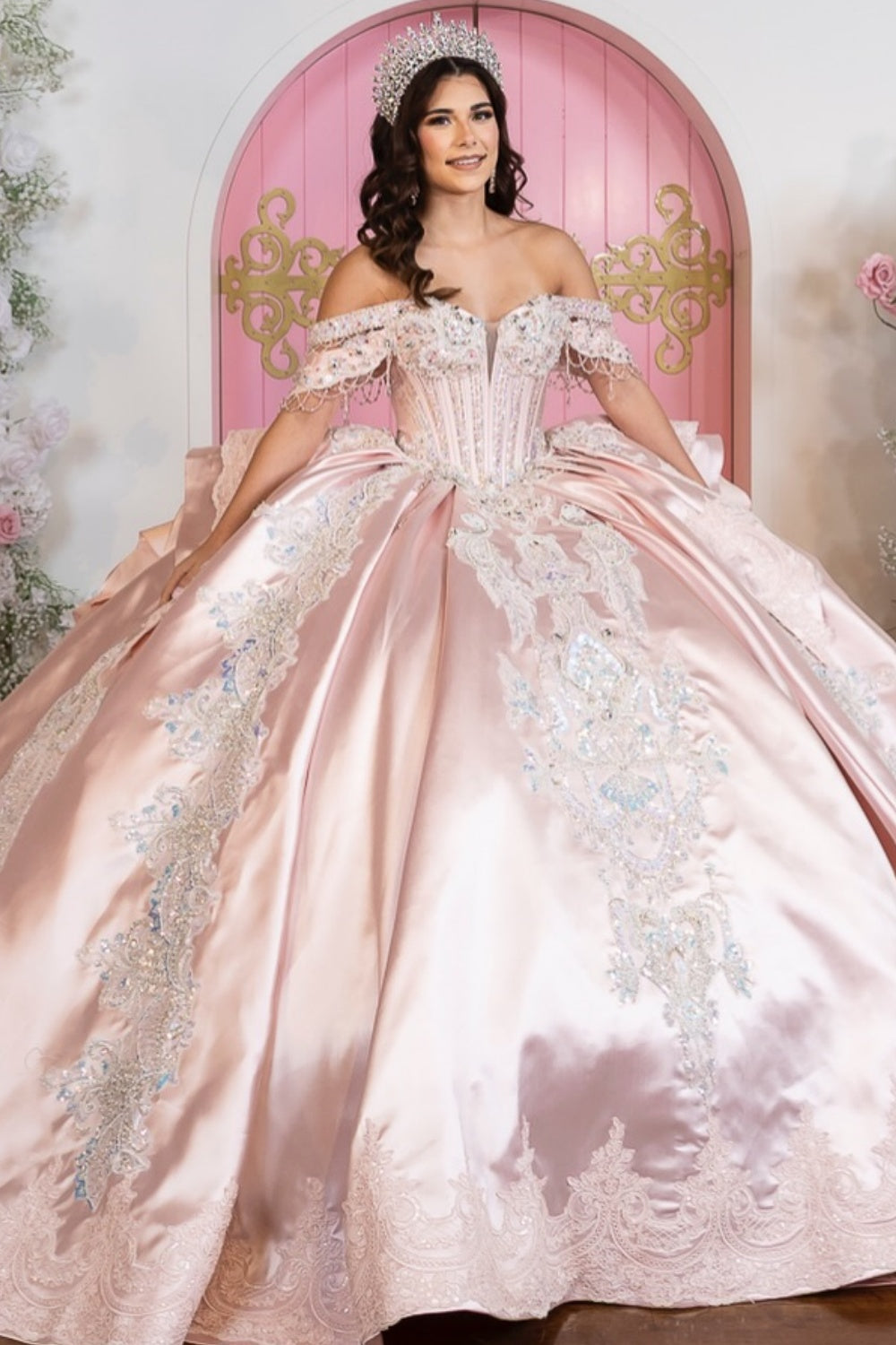 Off Shoulder Sleeveless Beaded Ruffles Bow Knot Pink Satin Quinceañera Dress YQ1120
