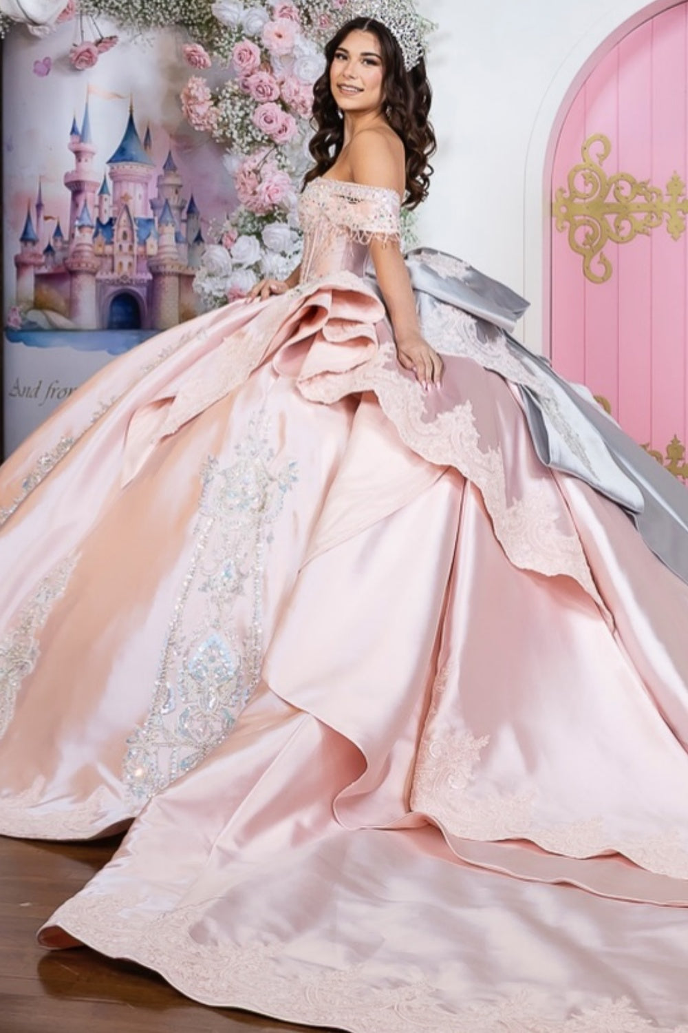 Off Shoulder Sleeveless Beaded Ruffles Bow Knot Pink Satin Quinceañera Dress YQ1120