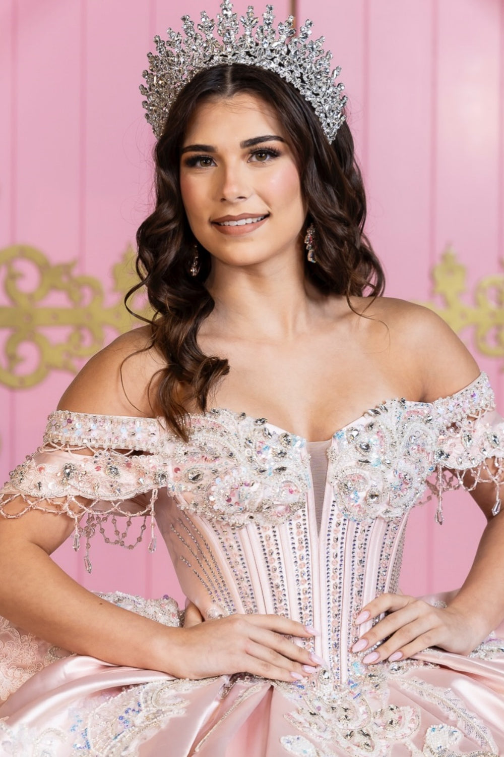 Off Shoulder Sleeveless Beaded Ruffles Bow Knot Pink Satin Quinceañera Dress YQ1120
