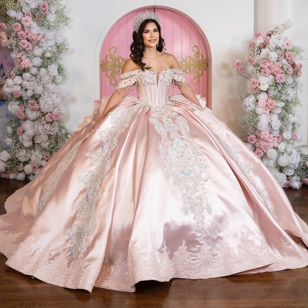Off Shoulder Sleeveless Beaded Ruffles Bow Knot Pink Satin Quinceañera Dress YQ1120