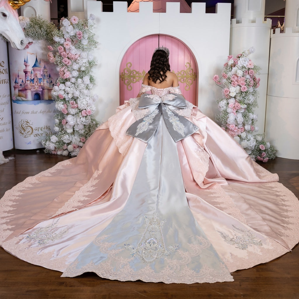 Off Shoulder Sleeveless Beaded Ruffles Bow Knot Pink Satin Quinceañera Dress YQ1120